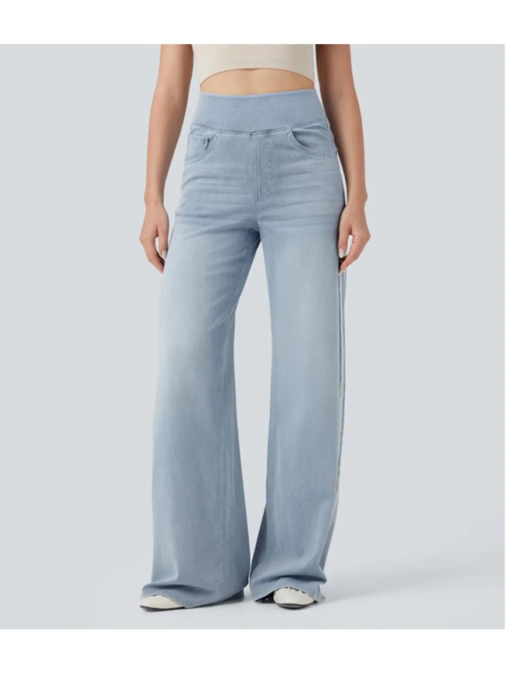 Halara Flex™ High Waisted Stripe Wide Leg Flowy Washed Casual Jeans Light Blue M - Picture 3 of 14